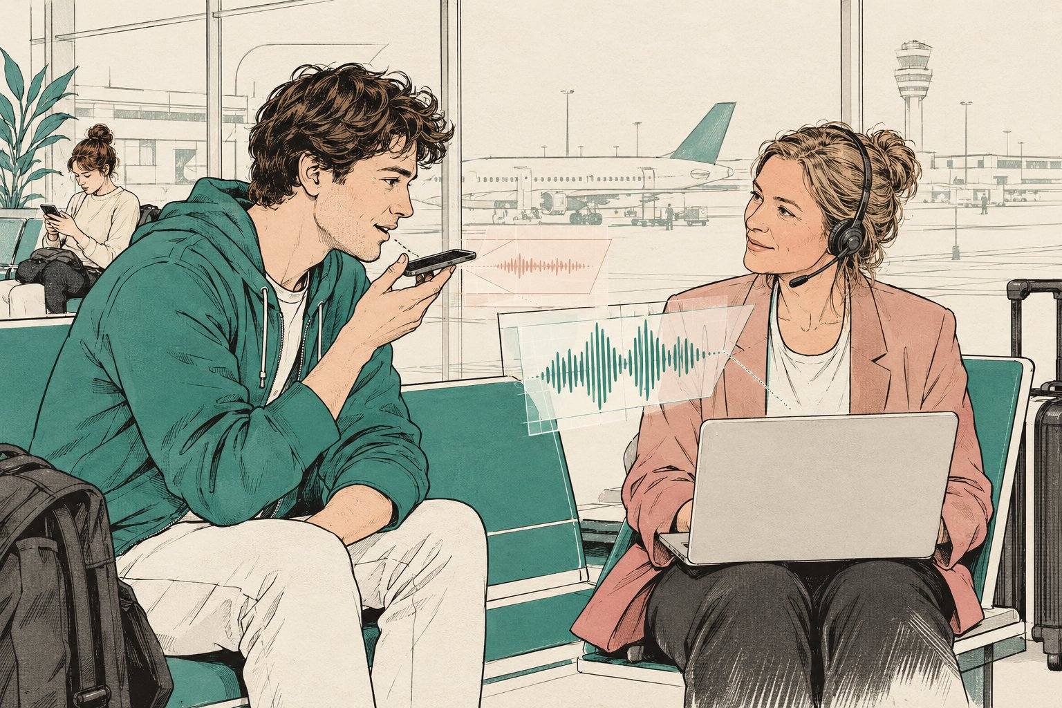 Illustratie van fluisterend bellen en luisteren via een laptopheadset